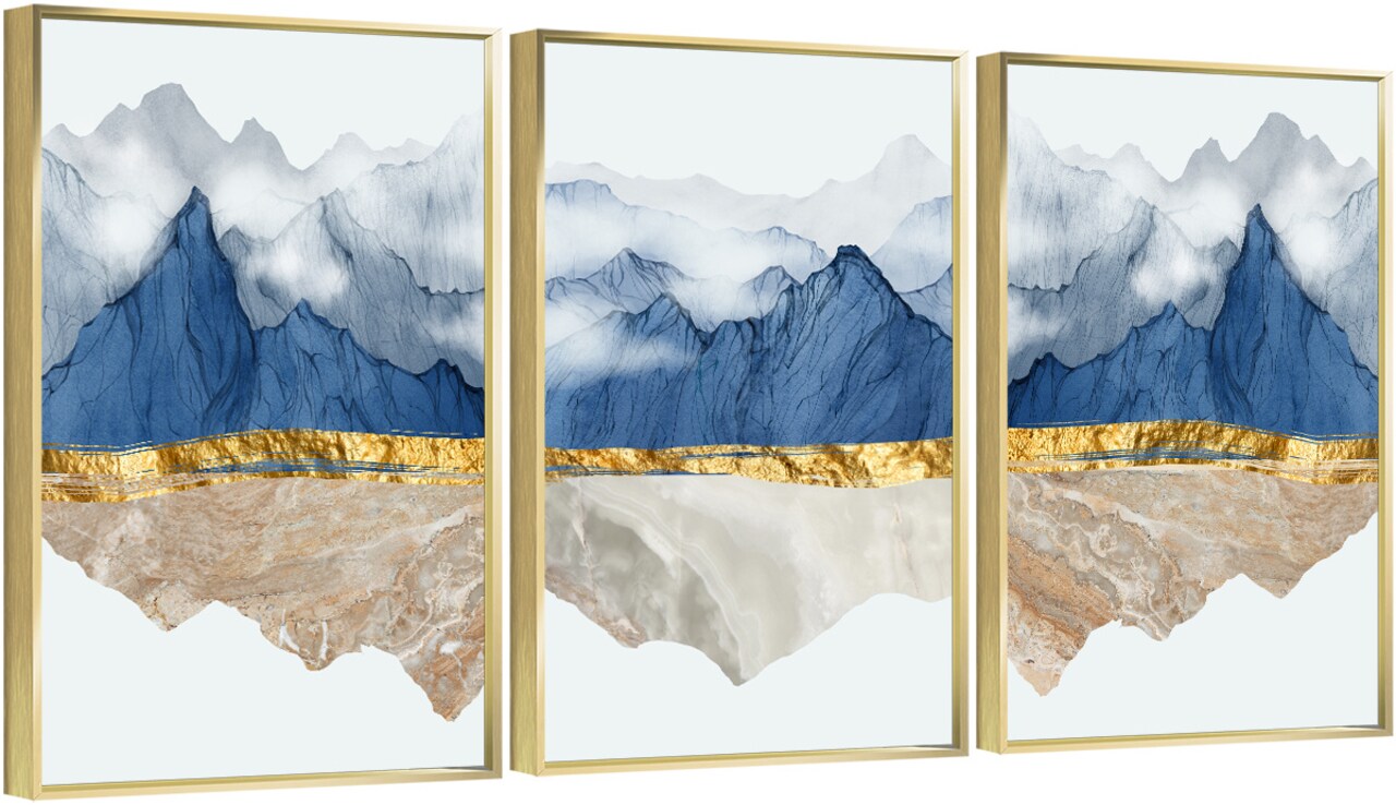 3 Set Framed Canvas Wall Art Oil Paintings - Blue Mountain Landscape